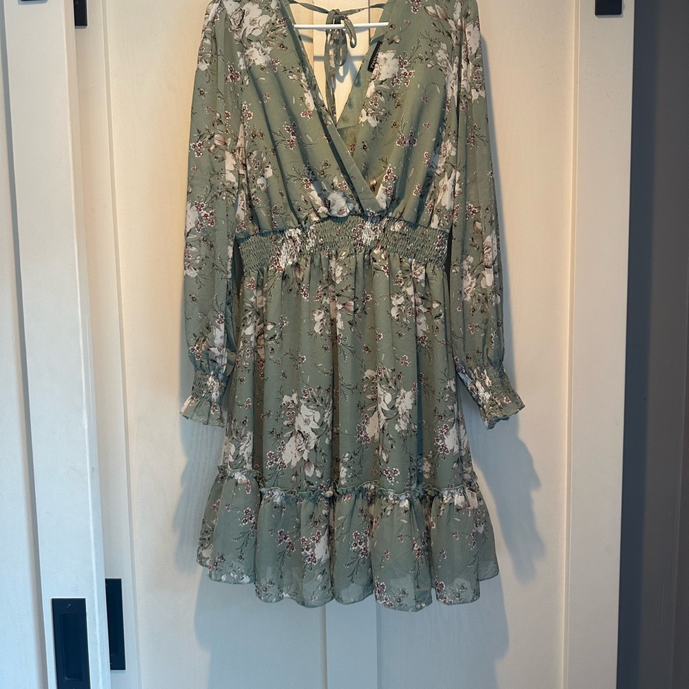 Floral boho balloon sleeve ruffle hem Dress in Sage Green XL Prettywear